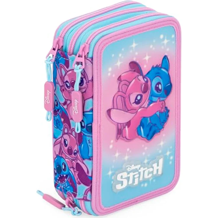 Clondo 3-Fach Federmäppchen Mädchen Gefüllt für Stitch Fan, 46-teiliges Set mit radierbaren Gelstiften, Filzstiften und Buntstiften – ideal für Schule & Geschenke 6-12 Jahre – Bild 1