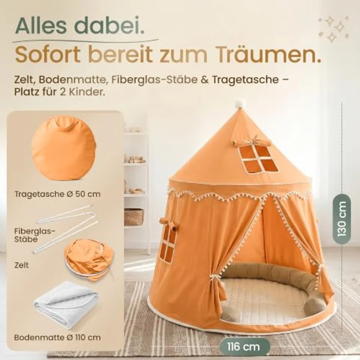 ALRITHO® Spielzelt Kinder Silky-Cotton, Kürbisorange 110x110x130cm | Indoor Kuschelhöhle mit TripleAir-Effect, gemütlicher Bodenmatte & Tragetasche – Bild 4