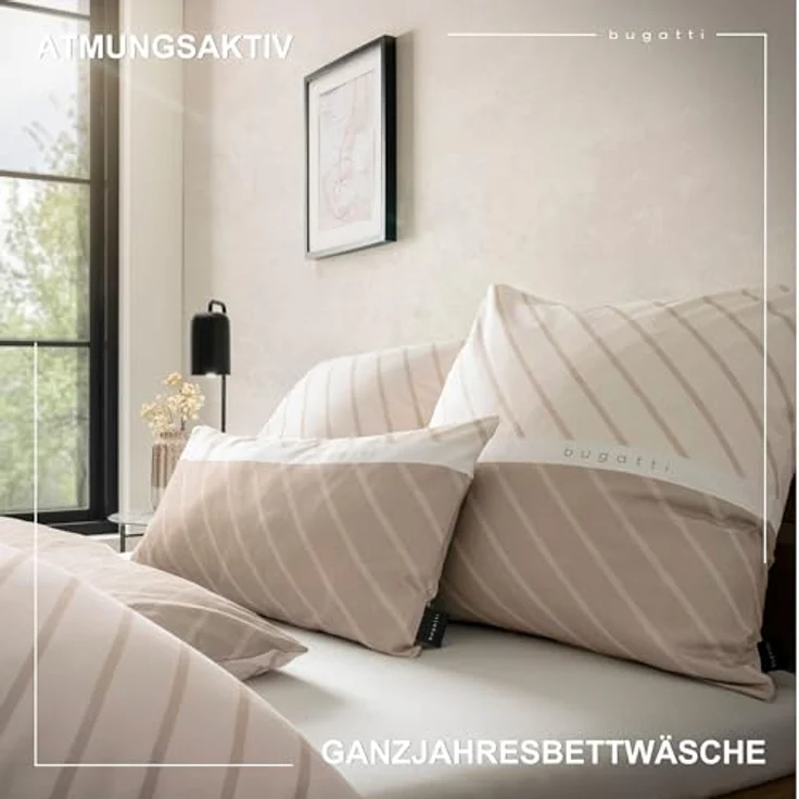bugatti Bettwäsche 135 x 200 cm, Mako Satinbettwäsche gestreift beige - 100% Baumwolle, weich, waschbar & mit Reißverschluss – Bild 3