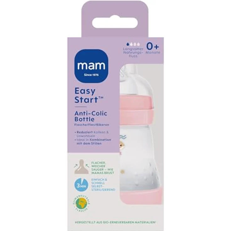 MAM Easy Start Anti-Colic Babyflasche (160 ml), Milchflasche für die Kombination mit dem Stillen, Baby Trinkflasche mit Bodenventil gegen Koliken & Sauger Größe 1, 0+ Monate, Delfin – Bild 2