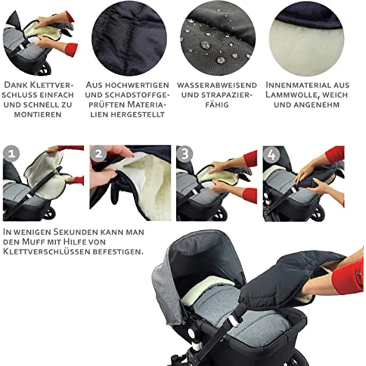 BAMBINIWELT KOMBI-ANGEBOT Muff + Winterfußsack 108cm - aus Lammwolle für Kinderwagen, Buggy, Radanhänger - WOLLE - LINIERT - SCHWARZ – Bild 7