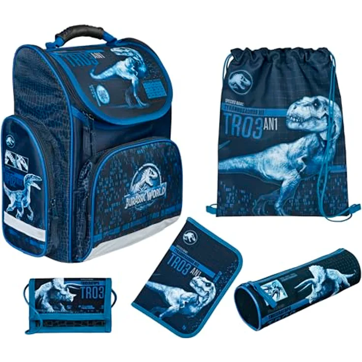 Undercover Jurassic World Schulranzen Set Clou, mehrteilig mit Geldbeutel, Sportbeutel, Schlamperetui und Schüleretui, für Jungen, 1. Klasse, 15 Liter Volumen
