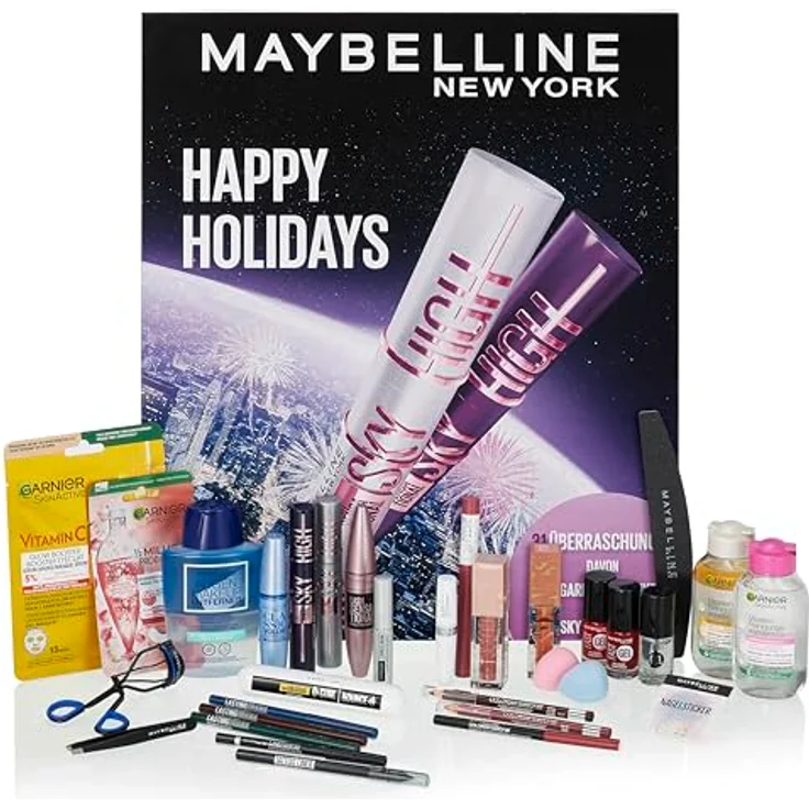 Maybelline New York Adventskalender 2025, 31 Türchen mit 26 Originalprodukten & 5 Goodies, inkl. 2 Sky High Mascara & 4 Garnier Skincare Produkten – Bild 5