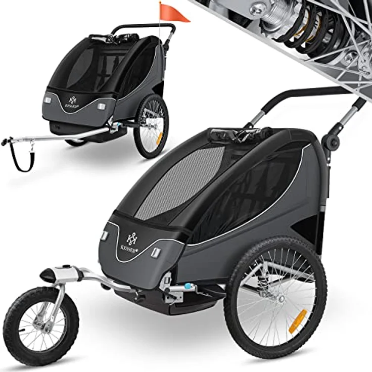 KESSER® Cruiser Kinderanhänger Fahrradanhänger 360° Drehbar mit Federung 2in1 Joggerfunktion Kinderfahrradanhänger + 5-Punkt Gurt Jogger Fahrrad Anhänger für 1 bis 2 Kinder max. 40kg Schwarz / Anthrazit – Bild 2
