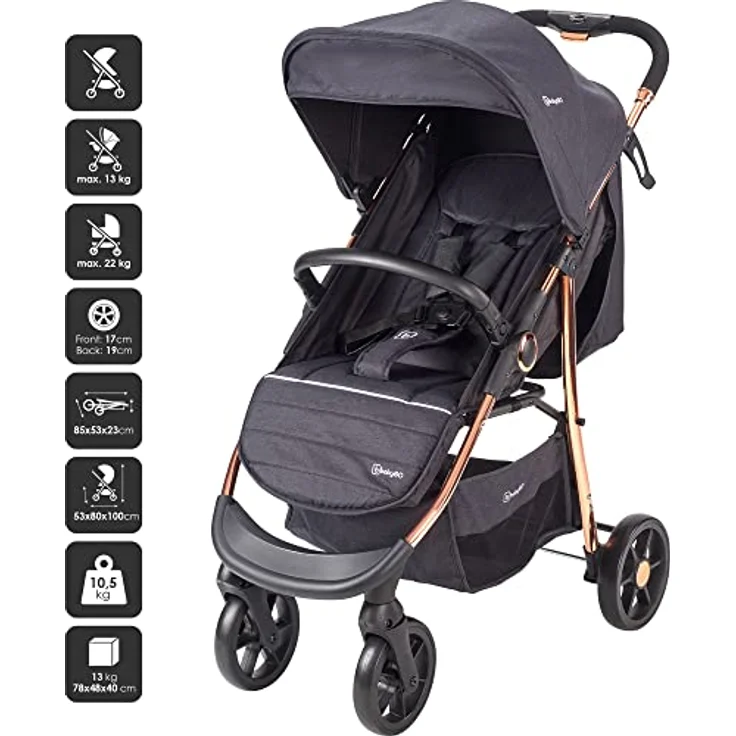BABYGO Kinderwagen 3 in 1 Styles - Kombikinderwagen Komplettset mit Babywanne, Buggy Sportsitz und Auto-Babyschale - Wickeltasche/Regenschutz/Matratze - Schwarz/Rosegold – Bild 3