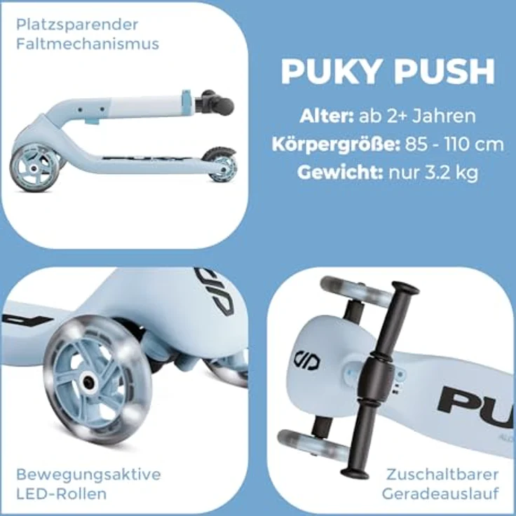 PUKY Pukymini-Scooter Push | Roller für Kinder ab 2 Jahre | Höhenverstellbarer Lenker | Klappbar & Kompakt | Extra breite Reifen für mehr Sicherheit | Leuchtende Räder | Ideal für Abenteurer & Outdoor | Hellblau – Bild 3