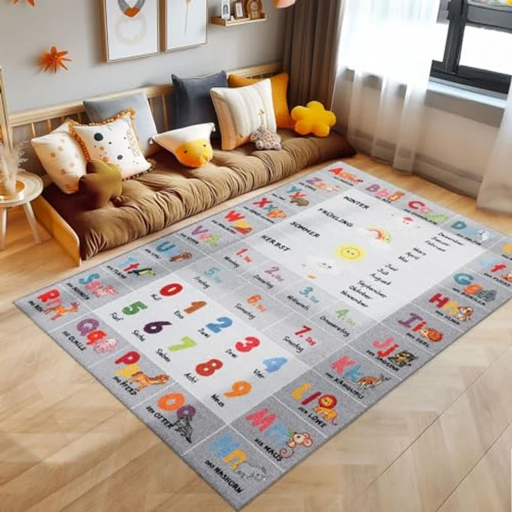 SIMPEX KinderTeppich, Alphabet-Buchstaben-Zahlen-Tiere, Grau, 140 x 200 cm, rutschfeste Unterlage, OEKO-TEX zertifiziert, pädagogisch wertvoll für Kinderzimmer – Bild 1