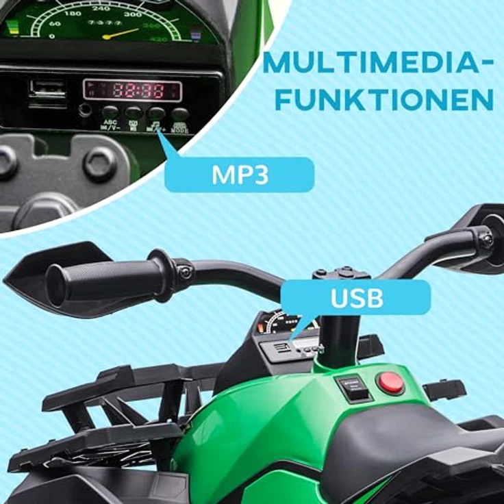 HOMCOM Elektro Quad für Kinder, 12V 10Ah Kinder Quad mit Vorwärts-, Rückwärtsfunktion, 2 Motor, USB-Anschluss, MP3-Musikplayer, Kinderfahrzeug mit Scheinwerfer 3-8 km/h, für 3-5 Jahre, Grün – Bild 4