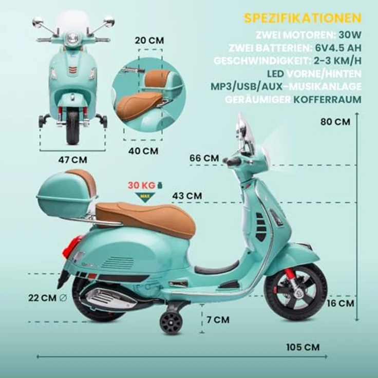 sun baby Vespa Elektro Kindermotorrad ab 3 Jahren, mit MP3-Player, Kunststoffräder, Kofferraum (Turkis) – Bild 3