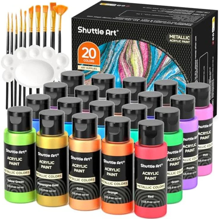 Shuttle Art Metallic Acrylfarben Set, 20x60ml Metallic Acrylfarben mit 10 Pinseln und 1 Palette, schnelltrocknend und wasserdicht für Basteln und Malen auf Leinwand, Holz und Stein, ungiftig – Bild 1