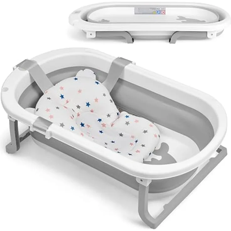 KikkaBoo Babybadewanne WILLY, Faltbar mit Temperaturanzeige, Weichem Badekissen und Rutschfesten Beinen, Grau, für Neugeborene 0-36 Monate