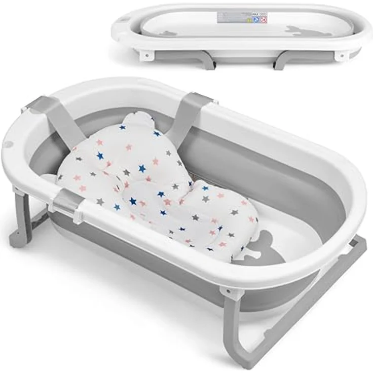 KikkaBoo Babybadewanne WILLY, Faltbar mit Temperaturanzeige, Weichem Badekissen und Rutschfesten Beinen, Grau, für Neugeborene 0-36 Monate – Bild 1