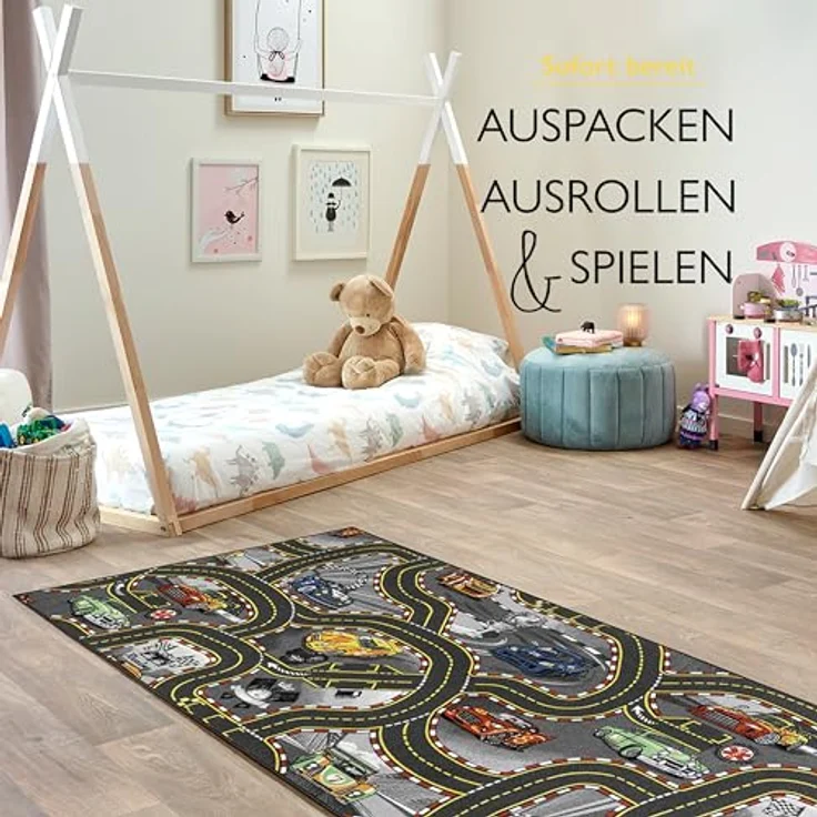 Carpet Studio Kinderteppich Racer, Spielteppich für Kinderzimmer 140x200cm, Antirutsch, 30°C waschbar, handgebunden, farbenfrohes Design – Bild 4
