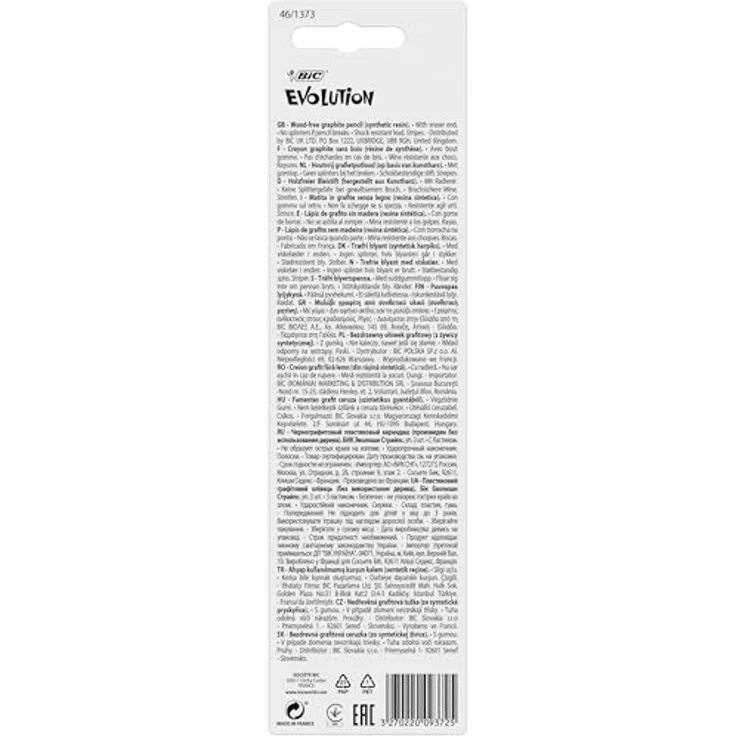 BIC Bleistift Evolution Stripes 646 HB, Holzfreier Bleistift mit Radierer, 3 Stück farbig sortiert (Rot/Weiß, Gelb/Weiß, Blau/Weiß) – Bild 2