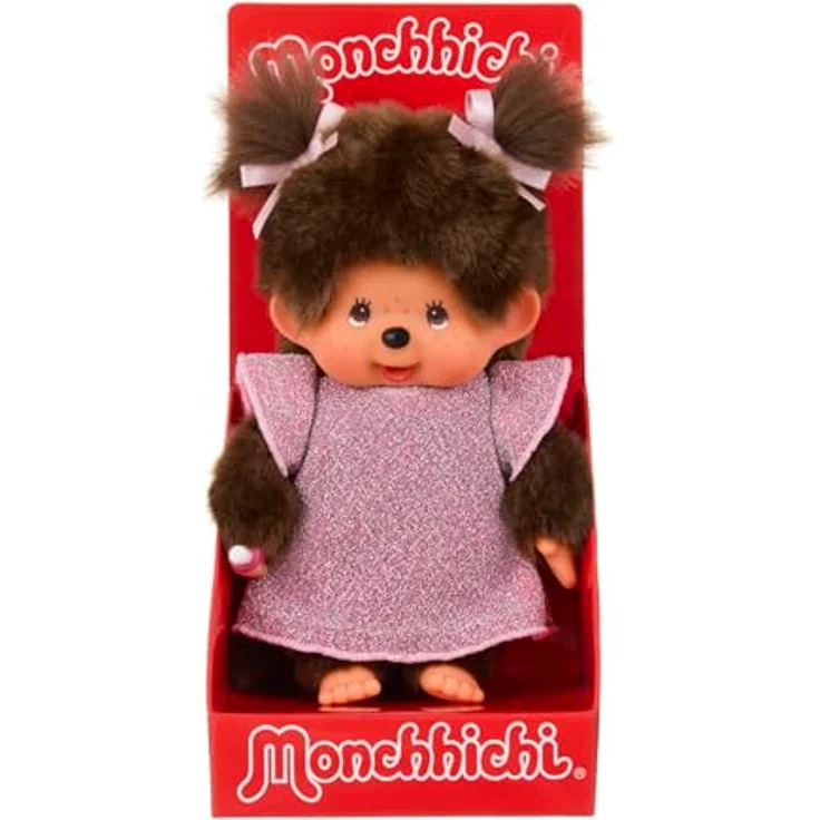 MONCHHICHI Monchhichi 20cm Mädchenpuppe im rosa Glitter-Kleid mit zwei Zöpfchen, ab 24 Monaten – Bild 1