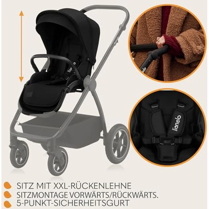 Lionelo Meril 3-in-1 Kombikinderwagen, XL-Babywanne bis 9 kg, ADAC-zertifizierter Kindersitz bis 13 kg, geländegängige Gummiräder, vollgefederte Konstruktion - Black – Bild 6