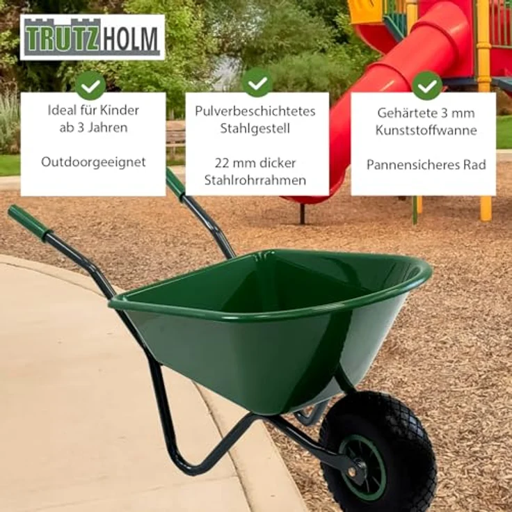TRUTZHOLM Kinderschubkarre Uni, 40 kg Traglast, 20L Kunststoffwanne, Vollgummirad, Dunkelgrün – Bild 7