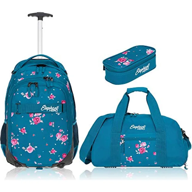 Elephant 3 Teile Set Trolley Hero Signature Schulranzen-Sets 12800 (Blue Flower (Blau/Rose)) - Rucksack mit 35 L Stauraum, Alu Ausziehgriff, Inliner Räder, Sporttasche und Mäppchen enthalten