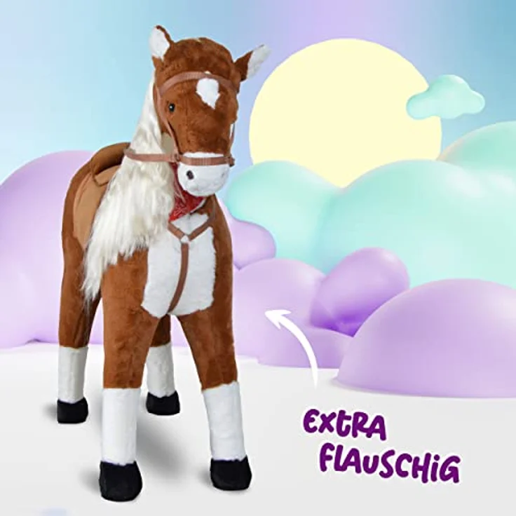 XXL Plüschpferd 105cm - Elsa, das riesige Reitpferd für Kinder, tolles Stehpferd zum Draufsitzen inkl. kleiner Bürste, 100kg Tragkraft - ein Kindertraum für Mädchen! Farbe: braun/blonde Mähne - Preisvergleich – Bild 4