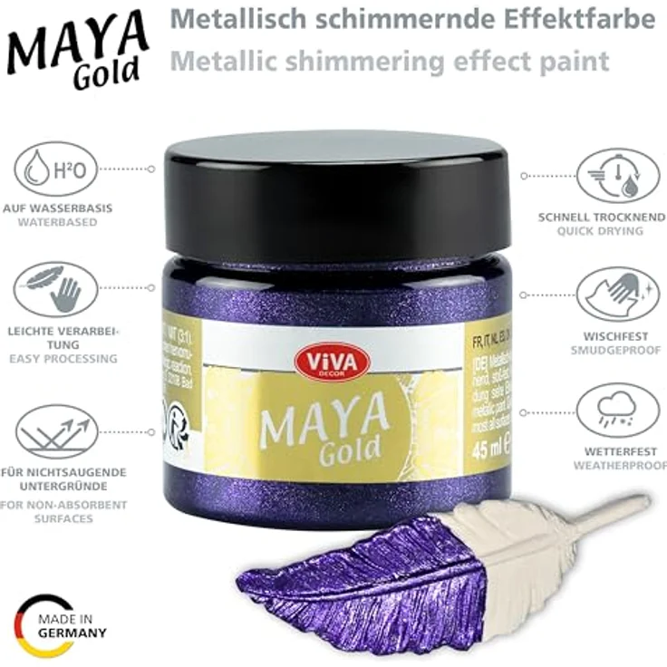 Viva Decor Maya Gold 45ml (Violett), Metallic-Acrylfarbe für Holz, Glas und Porzellan, stoßfest, wischfest und wetterfest für glänzende Metallic-Effekte – Bild 3