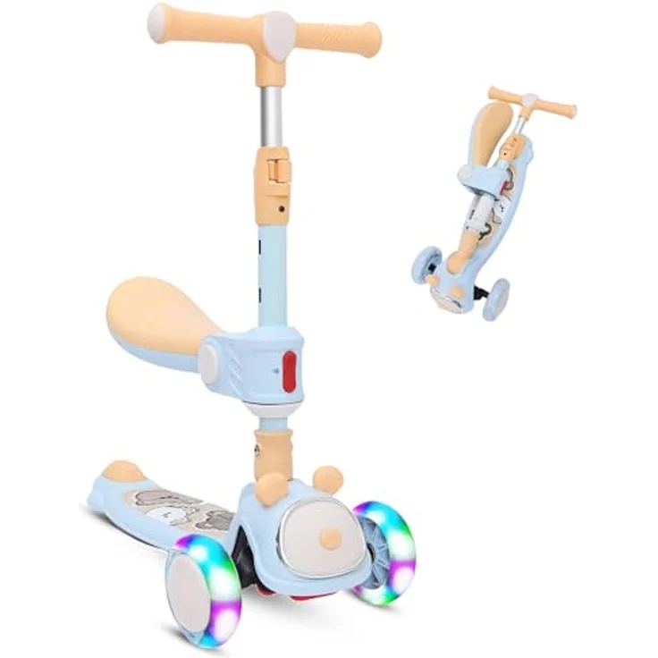 Habib Gruppe Kinderroller Tretroller 3-in-1 Faltbarer Scooter mit abnehmbarem Sitz, höhenverstellbar, LED-Rädern, für Kinder (1-12 Jahre), blau – Bild 1