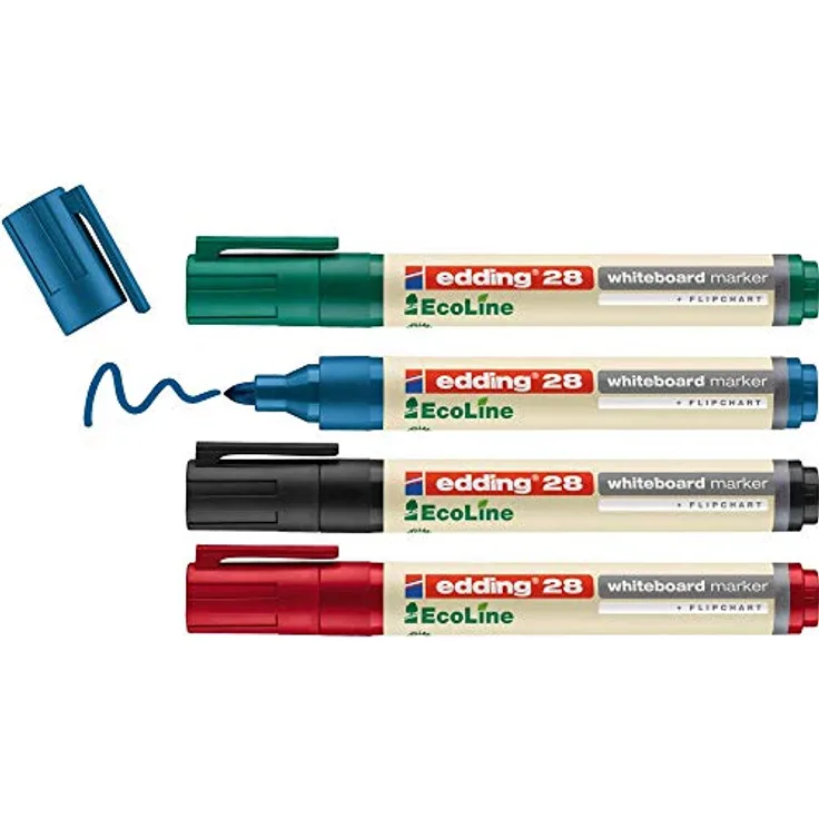 edding 28 Ecoline Whiteboardmarker Set - bunte Farben - 4 Whiteboard Stifte - Rundspitze 1,5-3 mm - Boardmarker abwischbar - Whiteboard, Flipchart, Pinnwand, Memoboard - Sketchnotes - nachfüllbar