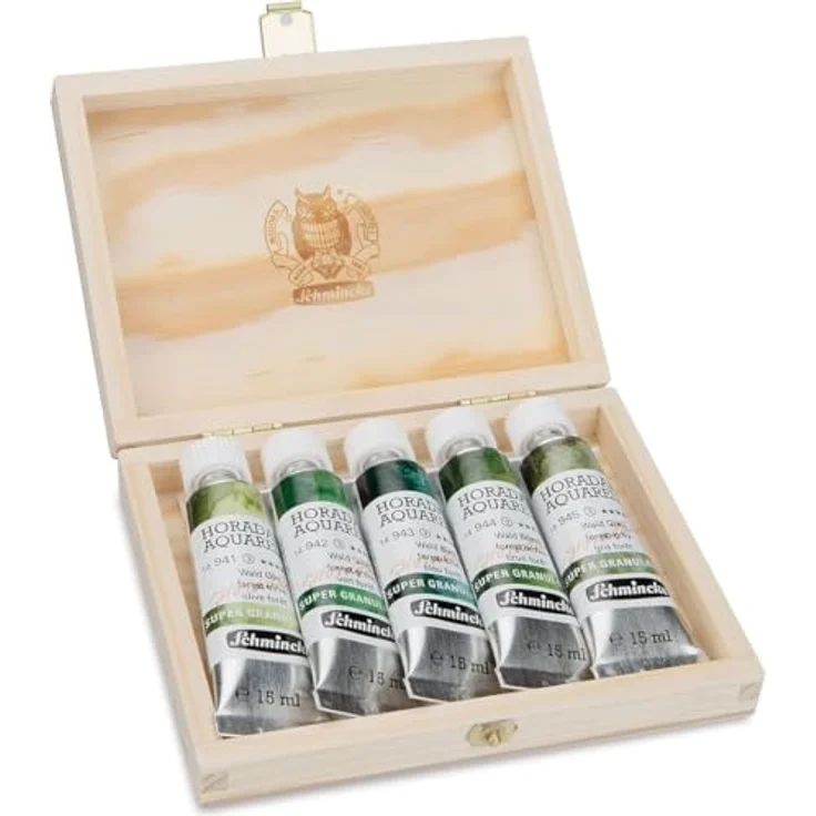 Schmincke HORADAM® AQUARELL Super Granulation Set Wald, 5 x 15 ml Tuben mit starken granulierenden Farbtönen, Holzkasten, ideal für natürliche Strukturen – Bild 1