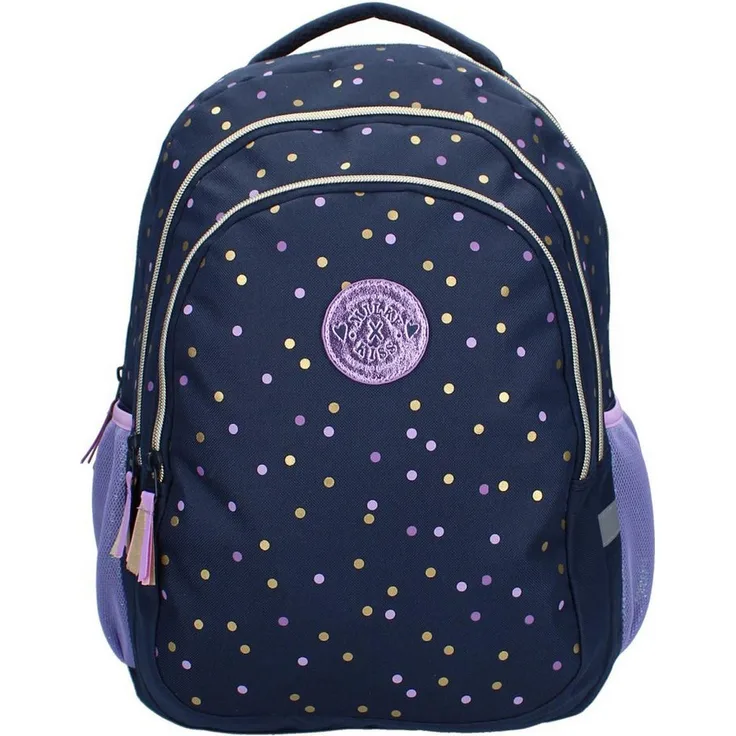 Vadobag Schulrucksack Milky Kiss Dotted Delight, 34 Liter mit Laptopfach, dunkelblau mit lila und goldenen Tupfen