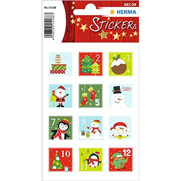 HERMA 15188 Aufkleber Zahlen 1-24 Glitzer, 24 Stück, Weihnachtssticker mit festlichen Motiven für Adventskalender und DIY Deko – Bild 1