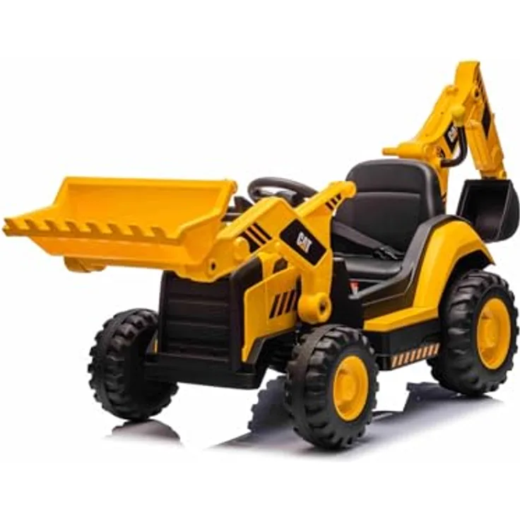 RIRICAR Lizenzierter Caterpillar Elektrobagger mit Hang- und Grabschaufel, Einzelsitz, Gelb, 2 x 30W Motoren, Lithium-Batterie, USB-Anschluss, Fernsteuerung