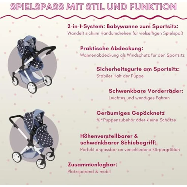 Bayer Chic 2000 Puppenwagen Mila, 2in1 Kombi-Puppenwagen, beidseitig steckbar, ergonomisch höhenverstellbarer Schiebegriff, Sternchen Navy – Bild 3