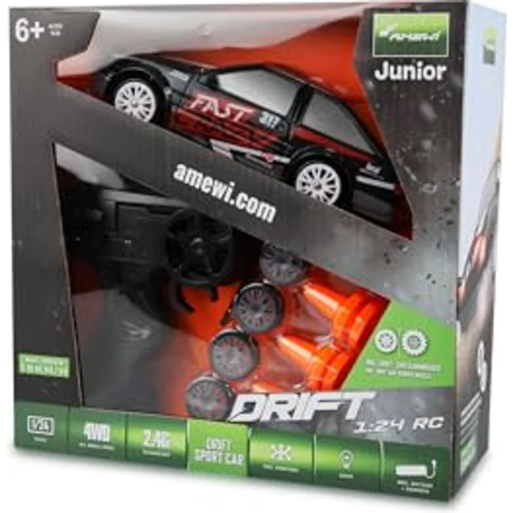 Amewi Drift Sport Car 4WD 1:24 RC ferngesteuert RTR schwarz, LED-Frontbeleuchtung, Zusatzreifen mit Gummiauflage – Bild 1