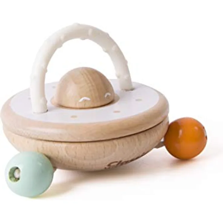 Classic World Ufo Rattle, Holzrassel mit interaktiven Kugeln und Geräuschen, sortiert