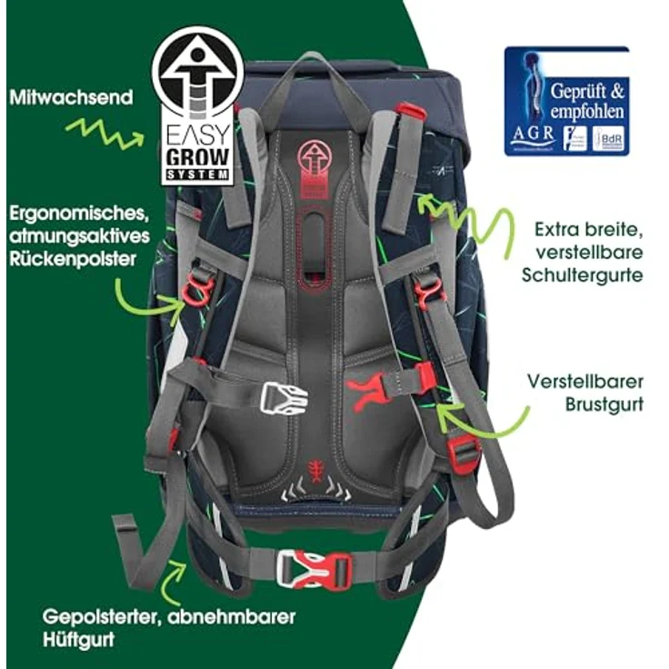 Step by Step Giant Schulranzen-Set „Ninja Kimo“, 5-teilig, ergonomischer Tornister für Jungen, blau-grau-grün, höhenverstellbar mit Hüft- und Brustgurt, 23 Liter, inkl. reflektierenden Elementen und MAGIC MAGS – Bild 4