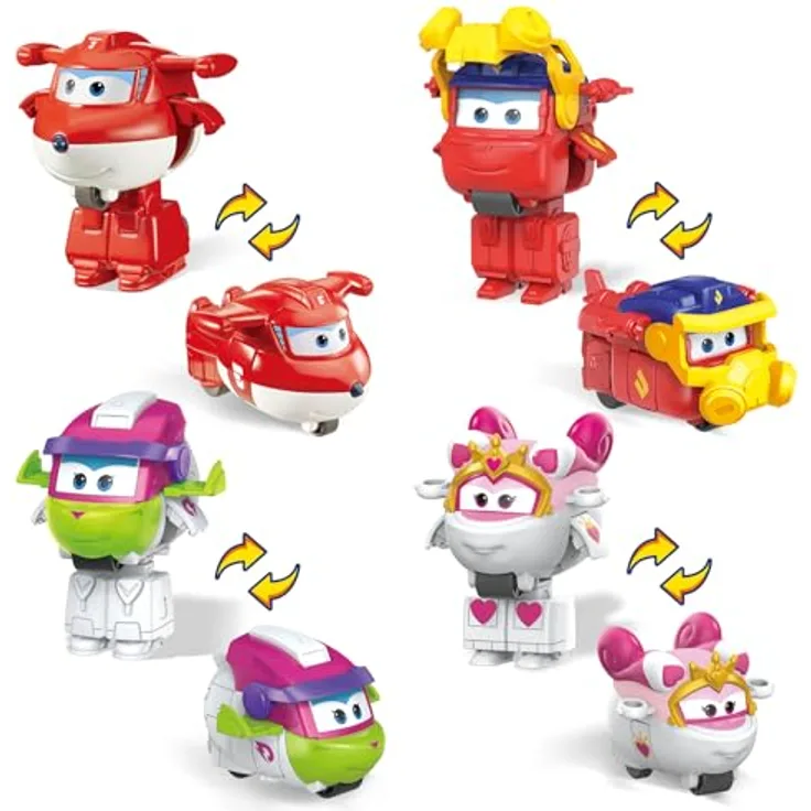 Super Wings 2 inch Verwandlungsspielzeug 4er Pack, Jett, Curie, Runi und Sara, Transforming Flugzeug Mini Figuren, 2-in-1 Roboter und Flugzeug, für Kinder ab 3 Jahren