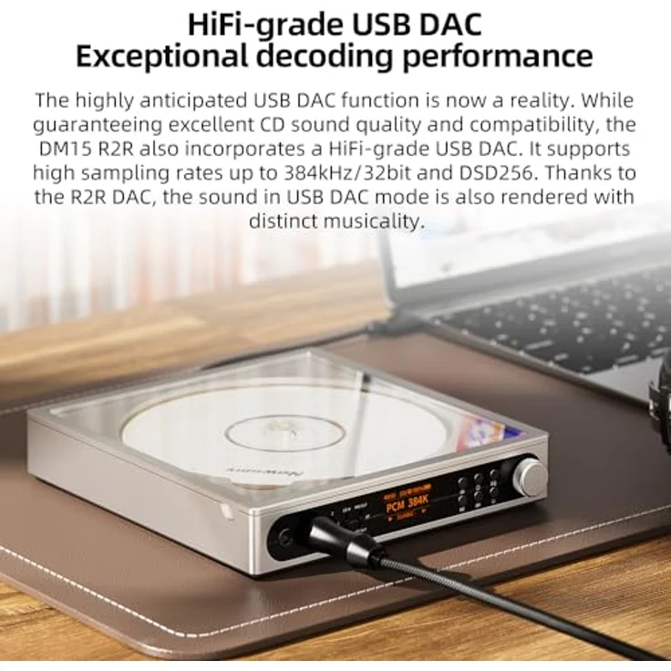 FiiO DM15 Tragbarer Stereo-CD-Player mit True 24Bit R2R DAC, 1150mW+1150mW High-Power-Ausgang, aptX Adaptiver Bluetooth-Sender, 24 Soundvoreinstellungen, HiFi USB Audio, HD-Display (Silber) – Bild 3