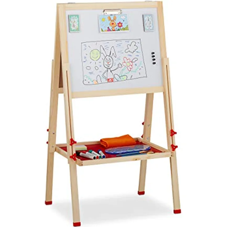 Relaxdays Standtafel Kinder, höhenverstellbar, doppelseitig mit Whiteboard und Grüntafel, rot