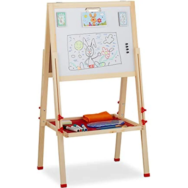 Relaxdays Standtafel Kinder, höhenverstellbar, doppelseitig mit Whiteboard und Grüntafel, rot – Bild 1