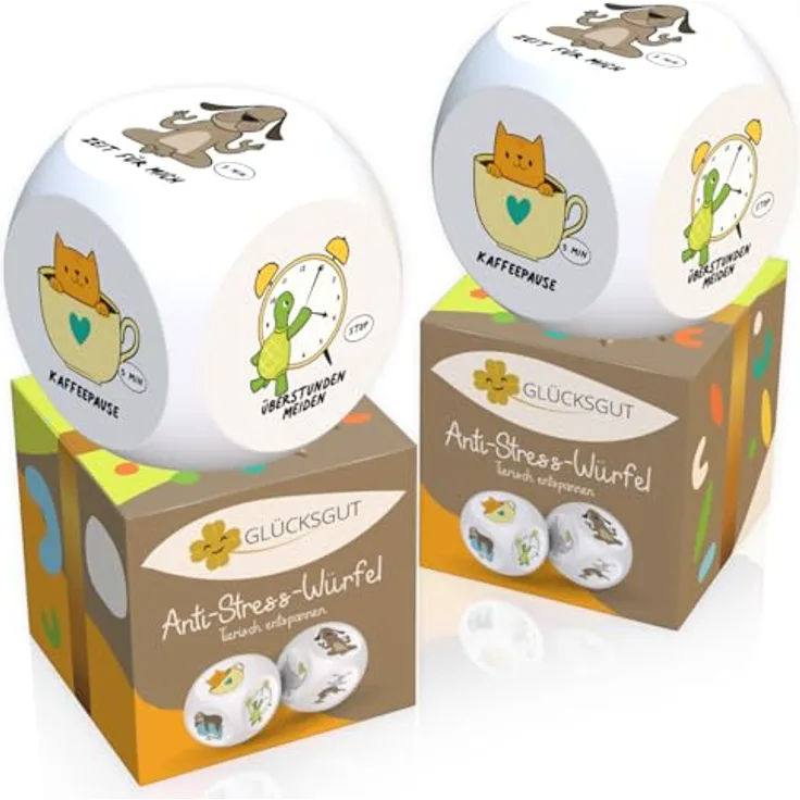 GLÜCKSGUT® Anti-Stress-Würfel, 2er Pack mit 6 lustigen Motiven, inklusive Geschenkbox und Anleitung für Stressabbau im Büro