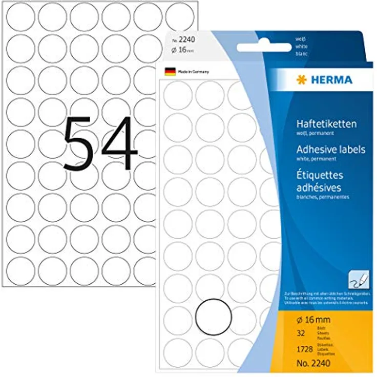 HERMA 2240 Punktaufkleber Klebepunkte weiß, 32 Blatt, Ø 16 mm, 54 pro Bogen, 1728 Aufkleber, selbstklebend, Markierungspunkte zum Beschriften, runde Farbpunkte aus Papier, blanko