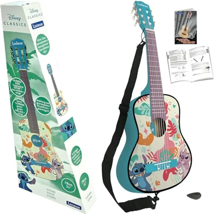 Lexibook Disney Stitch, Meine erste Akustikgitarre aus Holz, 78 cm (30"), 6 Nylonsaiten, inklusive Lernanleitung, Plektrum und Gurt, Blau, K2000D