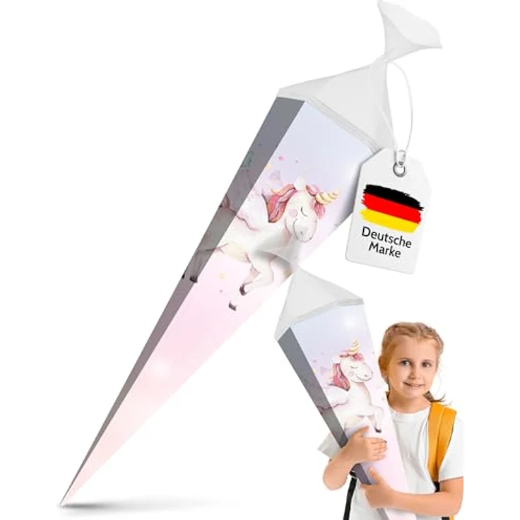 itenga Motiv Schultüte Mädchen 85cm, eckig mit Tüllverschluss, stabile Zuckertüte Einschulung mit Einhorn Wasserfarben Design – Bild 2