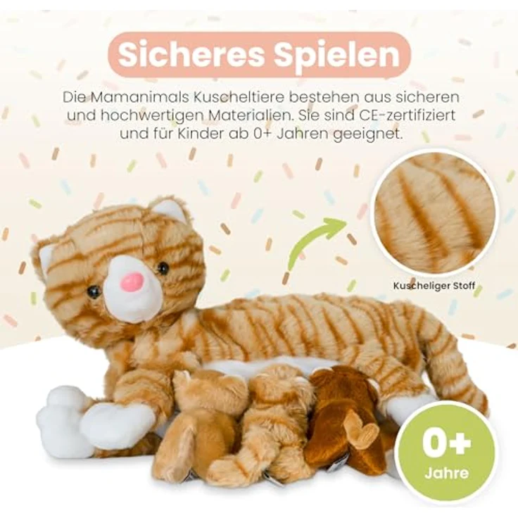 Mamanimals Katze Kuscheltier mit 3 Baby Katzen, Reißverschluss-Bauch, magnetische Zitzen zum Säugen, hochwertiges Plüschtier Set für Kinder, orange getigert – Bild 4