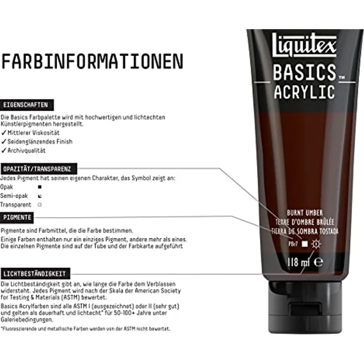 Liquitex Basics 8870014 Acrylfarbe, monopigmentierte Künstlerpigmente, lichtecht, mittlere Viskosität, seidenglänzender Finish, 118ml Tube - Umbra Gebrannt – Bild 3