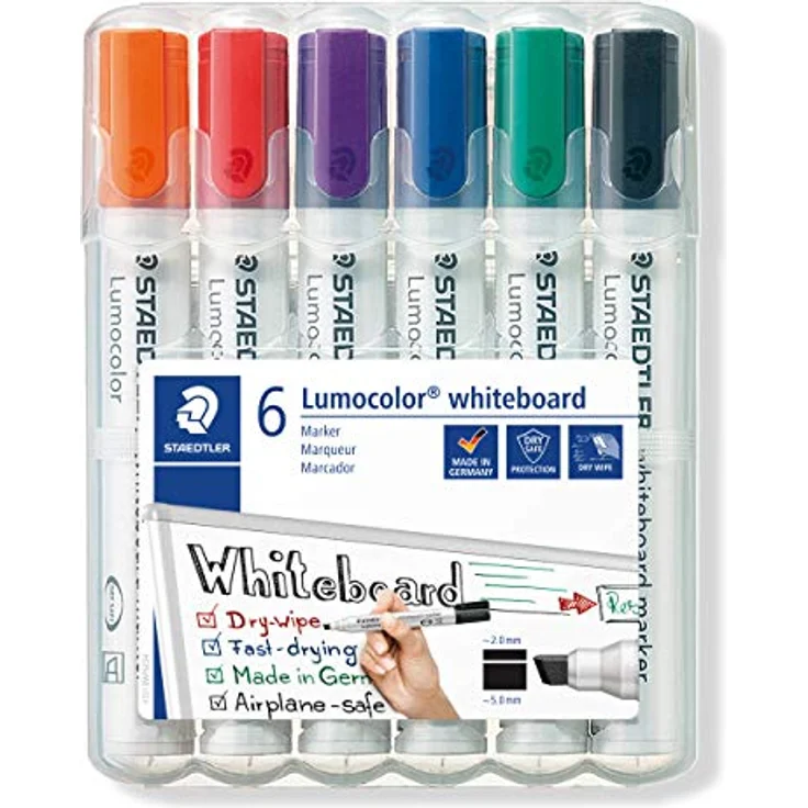 STAEDTLER Whiteboard Marker Lumocolor, trocken und rückstandsfrei abwischbar, Keilspitze ca. 2 oder 5 mm, hohe Qualität Made in Germany, Set mit 6 Farben, 351 B WP6 – Bild 1