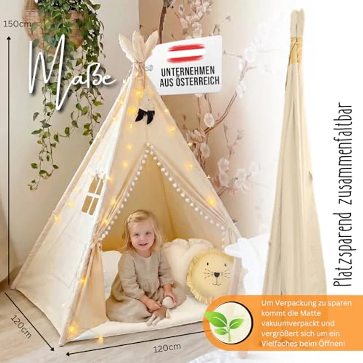 LIONHERZ® DAS ORIGINAL Tipi Zelt für Kinder, 100% Baumwolle, inkl. Matte, Stabilisator, Wimpelkette & 2 Kissen, stabil und vielseitig, ideal für Indoor und Outdoor Spielen – Bild 2