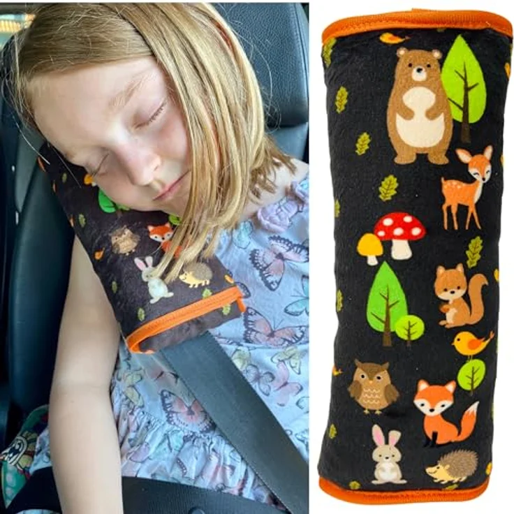 HECKBO Auto Schlafkissen Waldtiere Motiv für Kinder Mädchen Jungen - maschinenwaschbar – kuschelweich - Auto Gurtkissen, Gurtschoner, Gurtschutz Sitzerhöhung, Auto Kissen, Reisekissen, Urlaub – Bild 2
