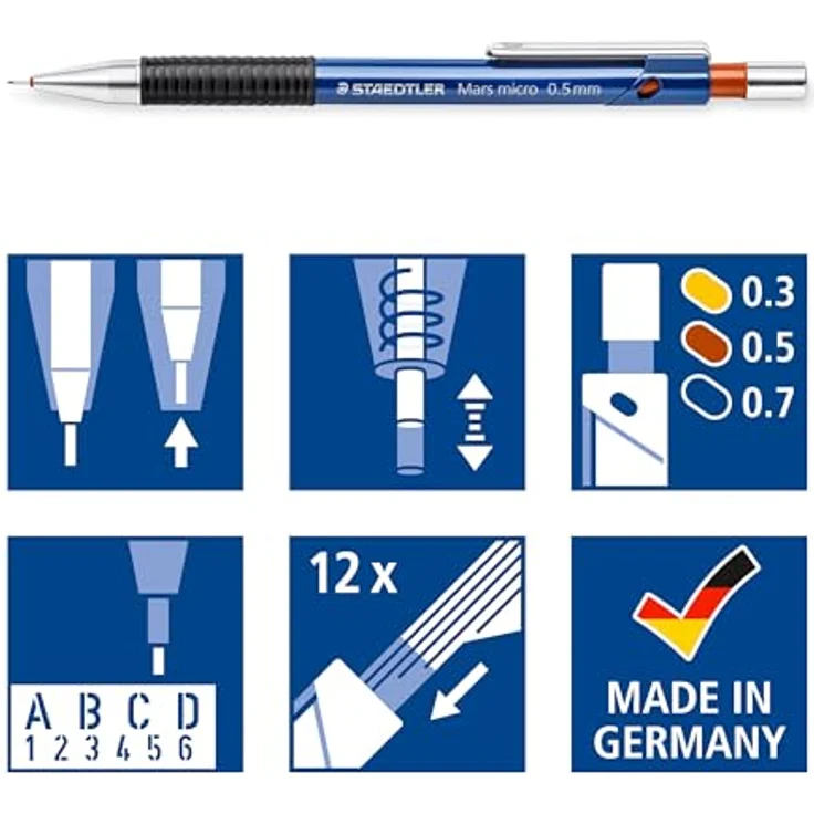 STAEDTLER Marsmicro-Druckbleistift 3er Etui, hochwertige Druckbleistifte mit gummiertem Griff, Strichstärken 0,3/0,5/0,7 mm – Bild 8