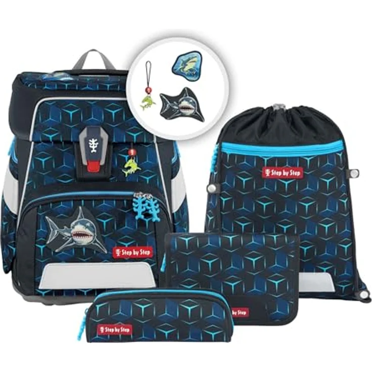Step by Step Schulranzen-Set Space Shine „Shark Dexter“ 5-teilig, ergonomischer Tornister aus reflektierendem Material, höhenverstellbar, 20L, blau-schwarz, Hai – Bild 1