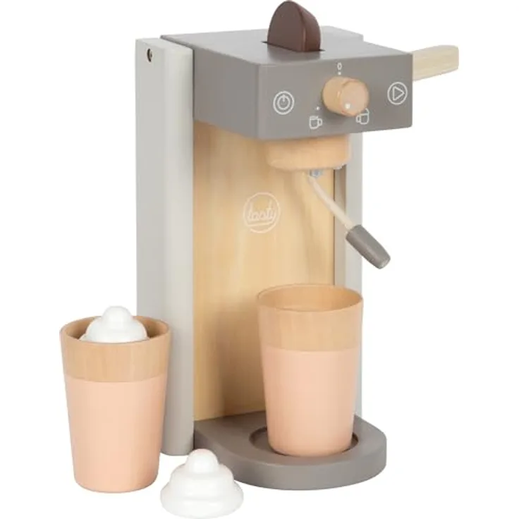 small Foot Kaffeemaschinen-Set grau „Tasty“, Holzspielzeug mit Kaffeecoins und Milchschaumhauben, Zubehör für die Spielküche, für Kinder ab 3 Jahren